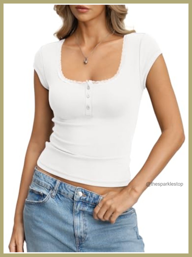 Cotton Ribbed Cap Sleeve Top Lace Henley Button Down Crop Tshirt Fitted Going